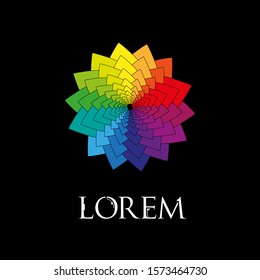 Abstract rainbow flower geometric logo template isolated on black background. Business abstract icon. Modern sun icon. Futuristic sign. Use for logo, sign, symbol, web, label, icon. Vector illustratio