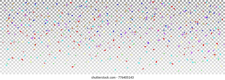 Abstract Rainbow Geometric Panoramic Pattern with Falling Confetti. Colorful Festive Structural Texture on Transparent Background. Vector Illustration