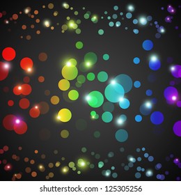 Abstract rainbow glowing circles with lights and dark background. Vector illustration for your funny design. Wallpaper for party presentation.