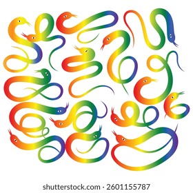 Abstract rainbow Gradient Snakes set. Vector Chinese 2025 Happy New Year Symbol.Cartoon Graphic Design Element stock illustration