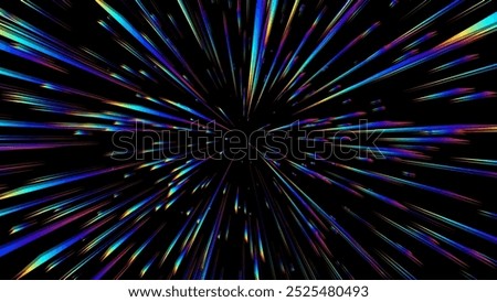 Abstract Rainbow Halo Rays on Black Background. Starburst or Sunburst with Rainbow Colors. Anime Burst Light Rays. Holographic Lens Flare Reflections Design Element. Vector Illustration.