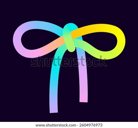Abstract rainbow hand drawn bow for gift, curve smooth line with neon gradient. Swirled element, colored ribbon shape with loop on black background. Vector illustration EPS10