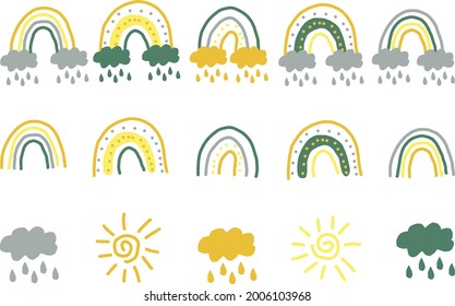 abstract rainbow hand drawn set in boho style. trending colors 2021.doodle