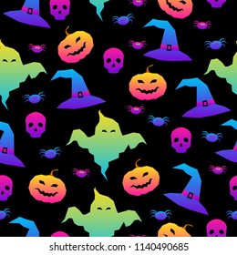 Abstract rainbow happy halloween seamless background. Modern pattern for halloween card, party invitation, menu, wallpaper, holiday shop sale, bag print, t shirt, workshop advertising etc.