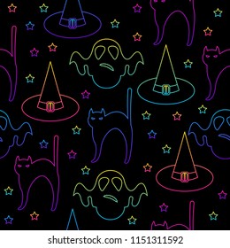 Abstract rainbow happy halloween seamless background. Modern pattern for halloween card, party invitation, menu, wallpaper, holiday shop sale, bag print, t shirt, workshop advertising etc.