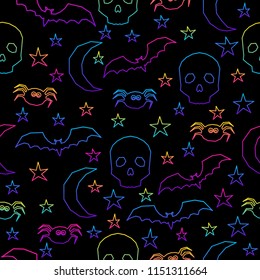 Abstract rainbow happy halloween seamless background. Modern pattern for halloween card, party invitation, menu, wallpaper, holiday shop sale, bag print, t shirt, workshop advertising etc.