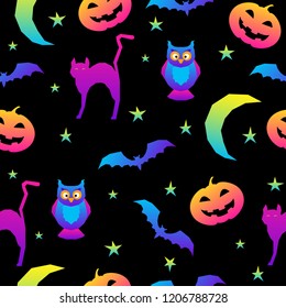 Abstract rainbow happy halloween seamless background. Modern pattern for halloween card, party invitation, menu, wallpaper, holiday shop sale, bag print, t shirt, workshop advertising etc.