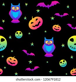 Abstract rainbow happy halloween seamless background. Modern pattern for halloween card, party invitation, menu, wallpaper, holiday shop sale, bag print, t shirt, workshop advertising etc.