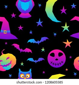 Abstract rainbow happy halloween seamless background. Modern pattern for halloween card, party invitation, menu, wallpaper, holiday shop sale, bag print, t shirt, workshop advertising etc.