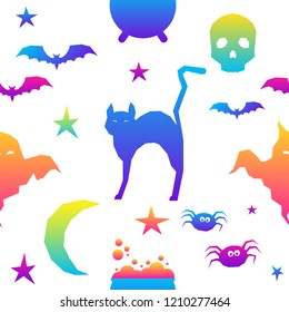 Abstract rainbow happy halloween seamless background. Modern pattern for halloween card, party invitation, menu, wallpaper, holiday shop sale, bag print, t shirt, workshop advertising etc.