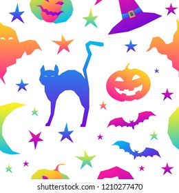 Abstract rainbow happy halloween seamless background. Modern pattern for halloween card, party invitation, menu, wallpaper, holiday shop sale, bag print, t shirt, workshop advertising etc.