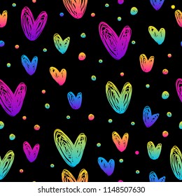 Abstract rainbow heart and dot seamless pattern background. Modern swatch for greeting card, birthday party invitation, menu, wallpaper, holiday shop sale, bag print, t shirt, workshop advertising etc.