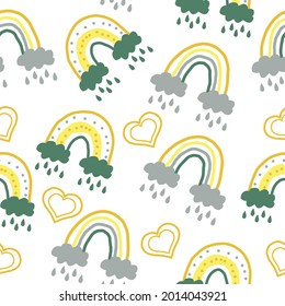 abstract rainbow and hearts seamless pattern. hand drawn in boho style. trendy colors 2021. doodle. textiles, nursery room decor, wallpaper, wrapping paper