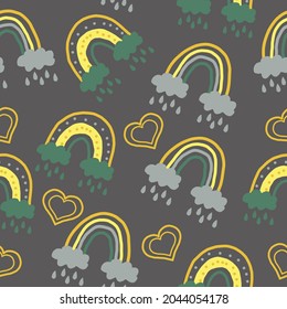 abstract rainbow and hearts seamless pattern. hand drawn in boho style. trendy colors 2021. doodle. textiles, nursery room decor, wallpaper, wrapping paper