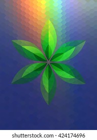 Abstract rainbow hexagon pattern with green leaf