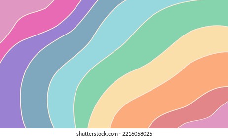 Abstract rainbow horizontal curved background in trendy pastel mid century modern colors. Vector colorful design.