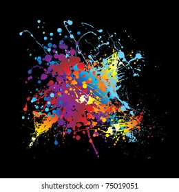 Abstract rainbow ink splat black background with room for text