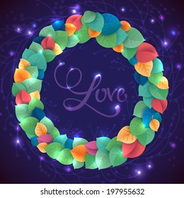 Abstract rainbow leaf vector wreath. Magic stars around the illustration