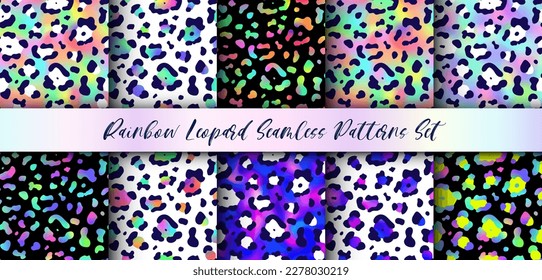 Abstract Rainbow Leopard seamless patterns set. Trendy vector gradient wild animal cheetah skin, leo texture with black, neon and rainbow spots for fashion print designs, backgrounds, wallpapers.