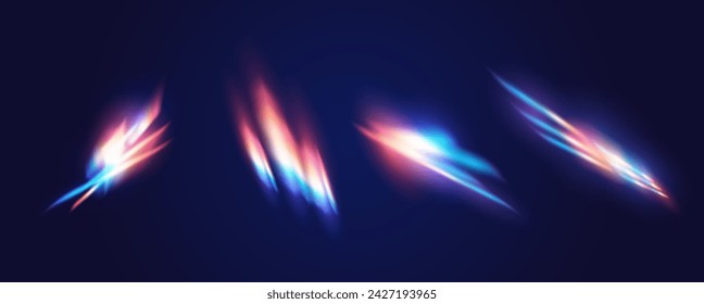 Abstract rainbow light flashes realistic vector illustration set. Glaring effect of refraction 3d elements on black background. Cosmic sparks template