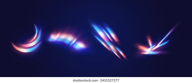 Abstract rainbow light flashes realistic vector illustration set. Glaring effect of refraction 3d elements on black background. Cosmic sparks template
