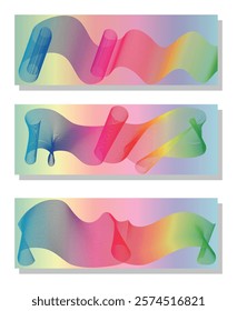 Abstract rainbow lines background, horizontal banner set.