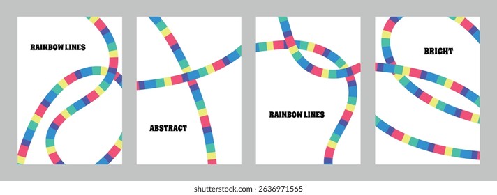  Abstract rainbow lines - poster set. Rainbow curved stripes on white background. Vector illustrations.
