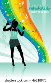 notas musicales de arcoiris abstractas fondo de rayas con silueta de chica