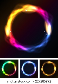 Abstract Rainbow Neon Circles Or Galaxy Ring/ Illustration of a set of abstract blurred rings with neon light circles on black background