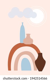 Abstract rainbow poster. Modern minimalist  wallpaper, vases on arch. Rainbow pattern  wall decor. Vector cartoon flat illustration