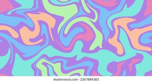 Abstract rainbow psychedelic waves print background. 1970s trippy seamless pattern. Holographic marble acrylic swirl, water texture, watercolor marble background.