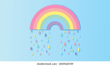 Abstract Rainbow in the rainy season. Rainbow with colorful raindrops. paper cut and craft design. vector, illustration.