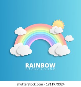 Resumen Arcoiris en la temporada de lluvias. Diseño de papel para nubes, sol y arco iris. corte de papel y diseño artesanal. vector, ilustración.