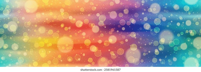 Abstract rainbow seamless bg with bokeh and overlay texture. Colorful background in red, yellow, and blue colors with gradient mesh and noise texture. Bright wallpaper