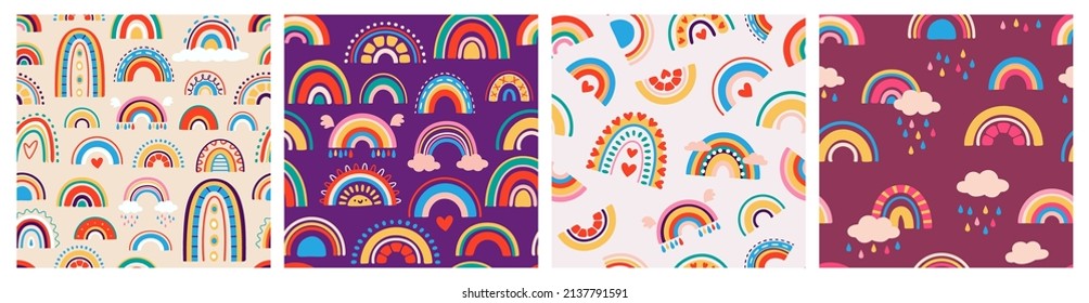 Resumen de un patrón sin fisuras de arcoiris para niños con papel pintado o papel de tela. Arcos de lluvia, nubes, sol, corazón y lluvia, estilo escandinavo repiten texturas vectoriales