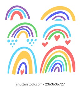 Resumen arcoiris que ponen estilo a los niños. Dibujo de arte vectorial colorido, aislado en fondo blanco.