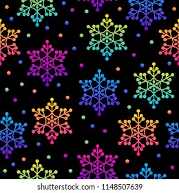 Abstract rainbow snowflake seamless pattern background. Modern swatch for greeting card, birthday party invitation, menu, wallpaper, holiday shop sale, bag print, t shirt, workshop advertising etc.