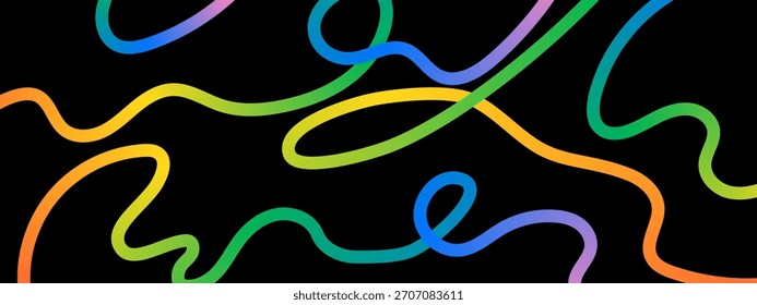 Abstract rainbow spiral line background. Colorful swirls and twisty shapes with vibrant gradient blends. Squiggly vector elements