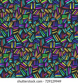 Abstract rainbow strokes on dark background seamless pattern. Bright vector fashion texture for textile, wrapping paper, cover, surface, wallpaper