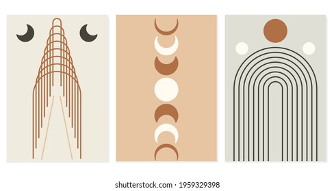 Abstract rainbow and sun and Moon phases. Modern Boho style. Geometric linear minimalistic background. Organic shape in balance. Vector illustration.