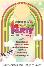 abstract rainbow three color with cloud, sun, star and keyboard for funky reggae party concert poster. international paper size music poster template vector illustration.
