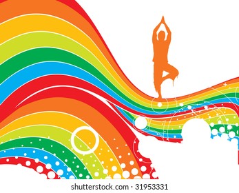 Abstract rainbow wave line background with yoga vector illustration