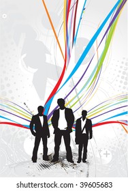 Abstract rainbow wave line background with standing businessman . Vector illustration.