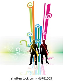 Abstract rainbow wave line background with standing young boy silhouette. Vector illustration.No mesh in this Vector