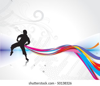  Abstract rainbow wave line background with  standing Dance posse of young boy. Vector illustration.