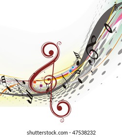 abstract rainbow wave line with music note background, vector illustration