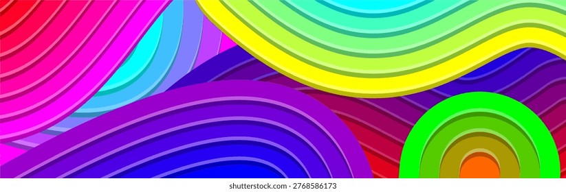 Abstract rainbow waves, vibrant vector background, colorful layered curves, psychedelic pattern, modern creative banner design with flowing geometric shapes, bright colors for social media and web.
