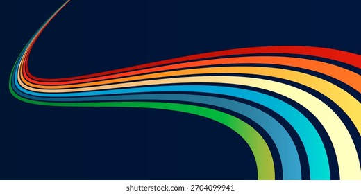  Abstractas líneas onduladas de arco iris en estilo retro groovy. Fondo de carretera de Vector psicodélico con colores vibrantes. Elemento de diseño hippie de los años 70 de Trippy para carteles, Fondos de pantalla y elementos visuales modernos
