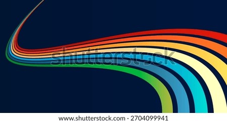  Abstract rainbow wavy lines in retro groovy style. Psychedelic vector road background with vibrant colors. Trippy 70s hippie design element for posters, wallpapers, and modern visuals
