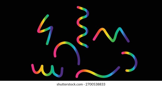 Abstractas rastros de luz de color arcoíris y remolinos sobre un fondo negro.